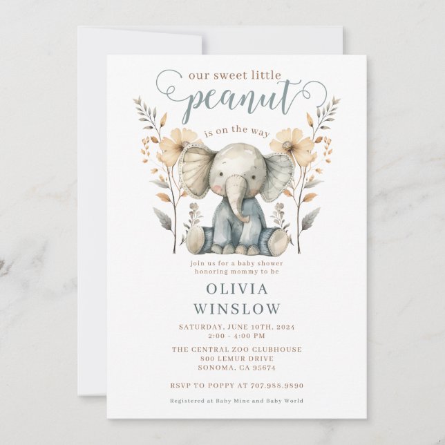 Invitación Pequeño cacahuete azul bebé elefante Baby Shower (Anverso)