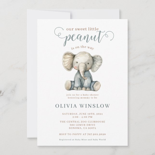 Invitación Pequeño cacahuete azul bebé elefante Baby Shower (Anverso)
