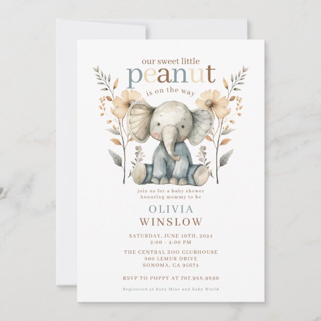 Invitación Pequeño cacahuete azul bebé elefante Baby Shower (Anverso)