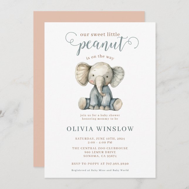 Invitación Pequeño cacahuete bebé elefante Baby Shower (Anverso / Reverso)