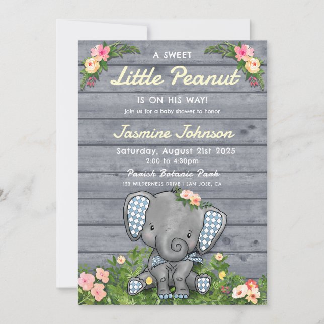 Invitación Pequeño cacahuete Elefante Floral Rusa Madera (Anverso)