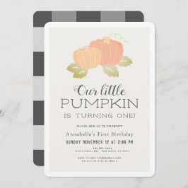 Invitación Pequeño calabaza Beige Negro Gingham Primer cumple