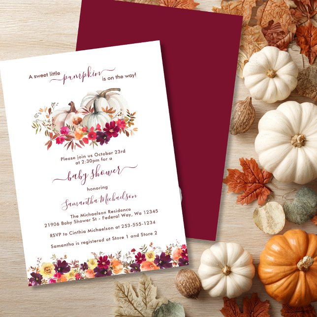 Invitación Pequeño calabaza caída Baby Shower floral (Burgundy Little Pumpkin Fall Floral Baby Shower Invitation)