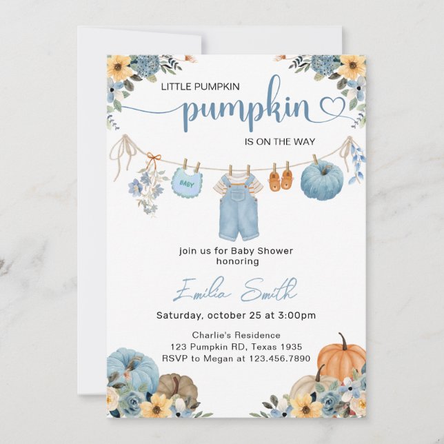 Invitación Pequeño Calabaza Niño Ropa de ropa Ducha bebé (Anverso)