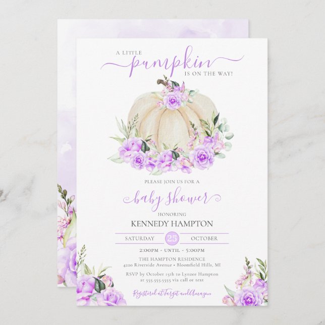 Invitación Pequeño Calabaza Rosa blanco morado Chica Baby Sho (Anverso / Reverso)