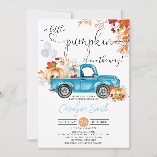 Invitación Pequeño Camión Azul de Calabaza Cae Baby Shower (Anverso)