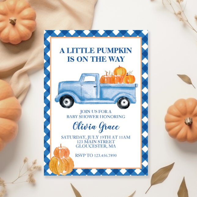 Invitación Pequeño camión azul de calabaza caída Baby Shower (Subido por el creador)