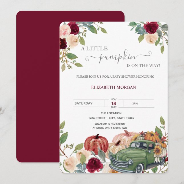 Invitación Pequeño camión de calabaza Burgundy Flores Baby Sh (Anverso / Reverso)