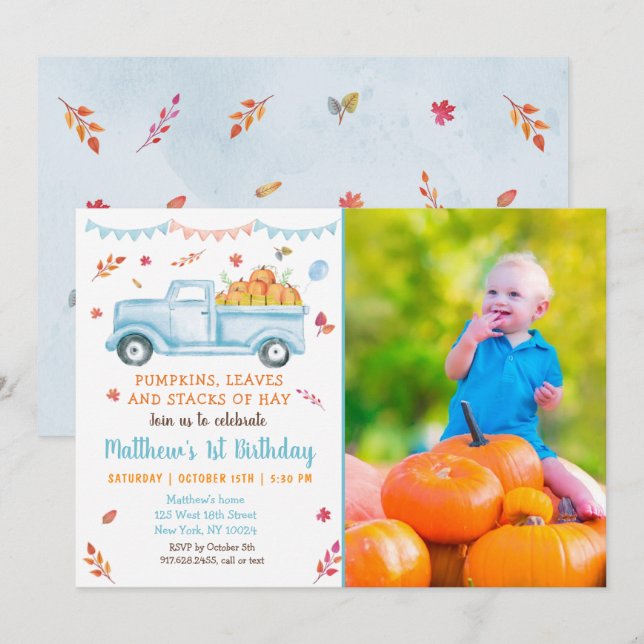 Invitación Pequeño Camión de Calabaza Cumpleaños (Anverso / Reverso)