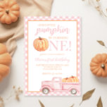 Invitación Pequeño camión de la Calabaza Pastel rosa primer c<br><div class="desc">Nuestra pequeña invitación de cumpleaños de calabaza con calabaza acuática y manta rosa pastel. Tema del primer cumpleaños del otoño.</div>