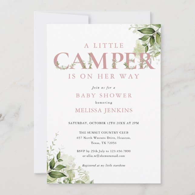 Invitación Pequeño campista Dusty Rose Greenery Baby Shower (Anverso)