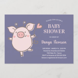 Invitación Pequeño Cerdo con Baby Shower Púrpura Rosa De Glob