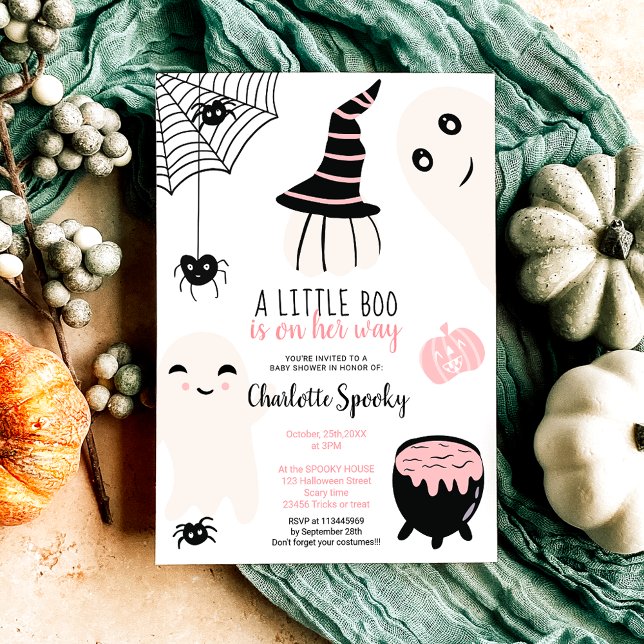 Invitación Pequeño chica de boina rosada lindo Halloween (Cute pink Halloween little boo girl baby shower Invitation)