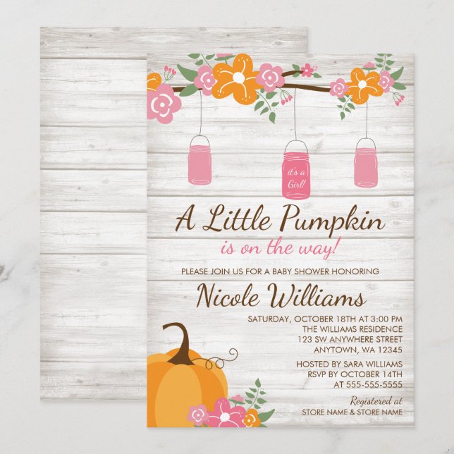 Invitación Pequeño Chica de calabaza mason jars caída Baby Sh (Anverso / Reverso)