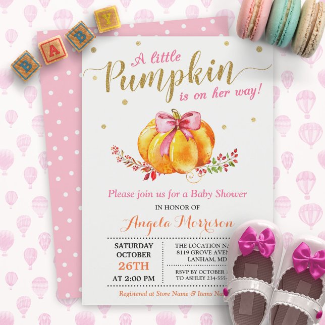 Invitación Pequeño Chica de calabaza oro rosado otoño Baby Sh (Subido por el creador)