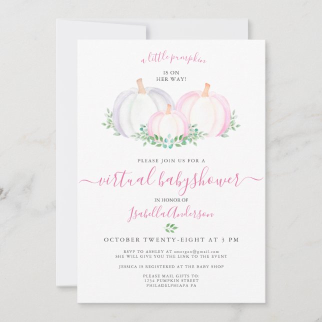 Invitación Pequeño Chica de calabaza virtual Baby Shower (Anverso)