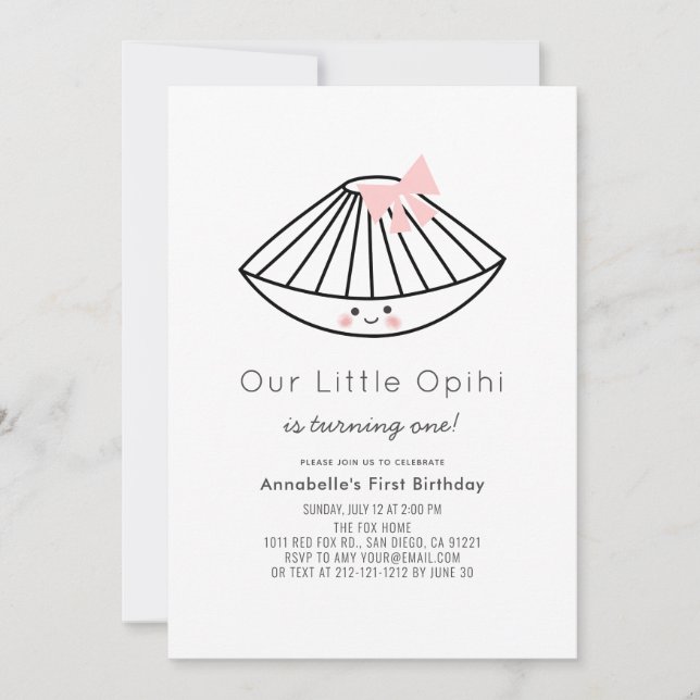 Invitación Pequeño Chica de Cinta Rosa de Opihi primer cumple (Anverso)