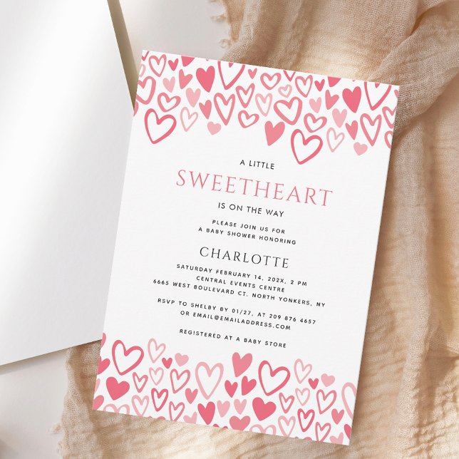 Invitación Pequeño Chica de corazones rosados (A Little Sweetheart Pink Hearts Valentines Girl Baby Shower Invitation)