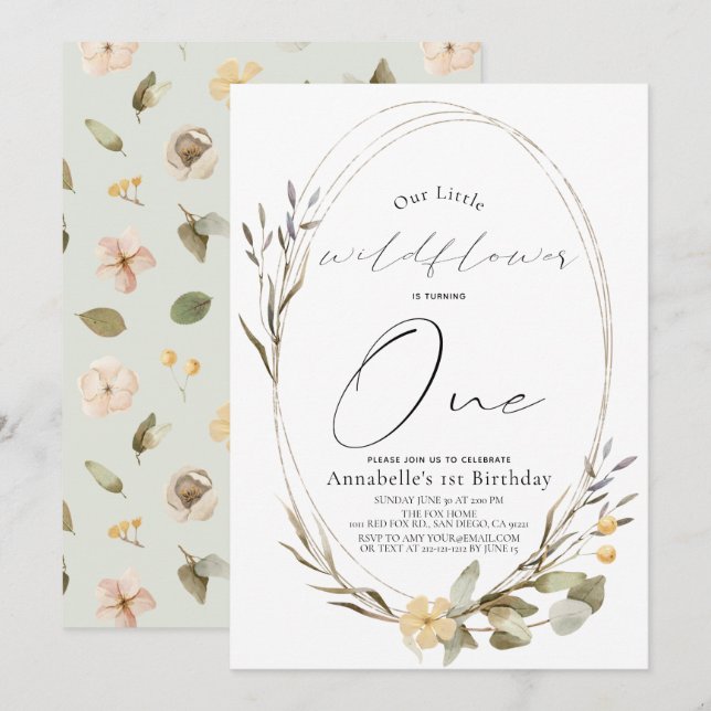 Invitación Pequeño Chica de Oval de Flor Silvestre (Anverso / Reverso)