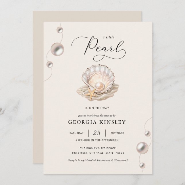 Invitación Pequeño Chica de Pearl Ocean Beach Seashell Baby S (Anverso / Reverso)