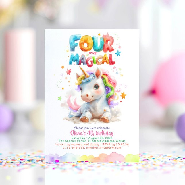 Invitación Pequeño Chica de Unicornio, cuarto Fiesta de cumpl (Four Ever Magical Unicorn Birthday Invitations)