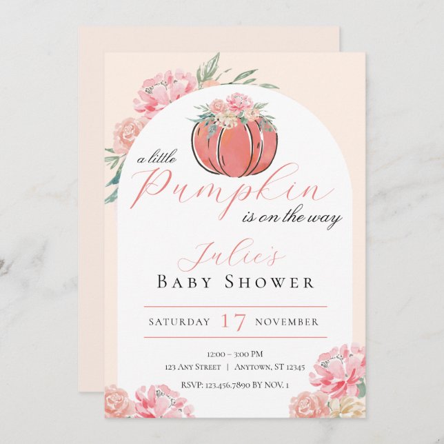 Invitación Pequeño Chica floral de calabaza Baby Shower (Anverso / Reverso)