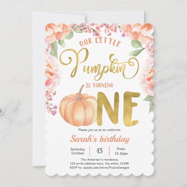 Invitación Pequeño Chica Pumkin 1er cumpleaños Otoño Floral (Anverso)