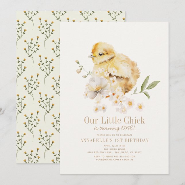 Invitación Pequeño Chick acuarela Chica Floral Primer cumplea (Anverso / Reverso)