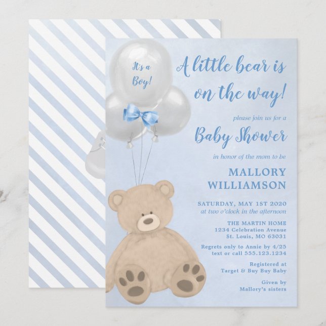 Invitación Pequeño chico del oso Baby Shower (Anverso / Reverso)