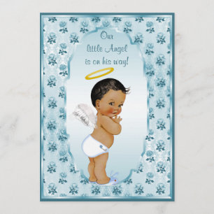 Invitación Pequeño chico étnico Ángel Azul Rosas Baby Shower