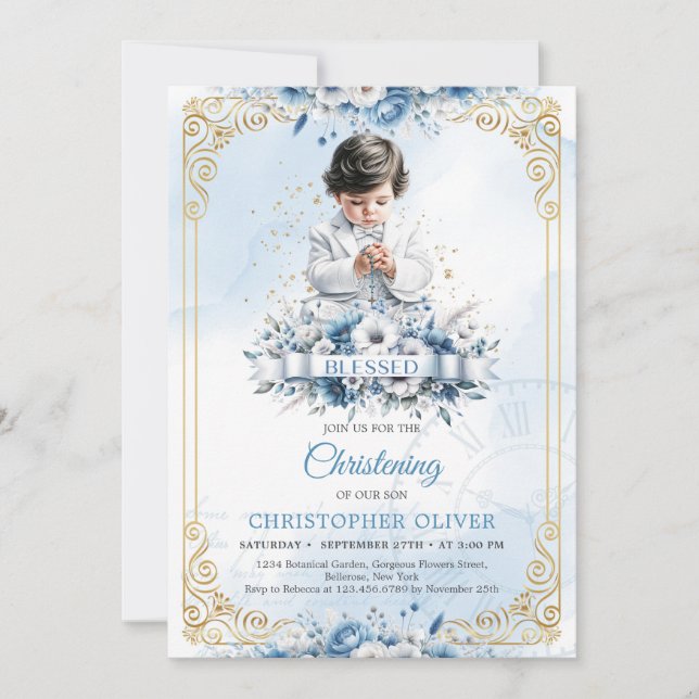 Invitación Pequeño chico lindo con ropa blanca de joyas bende (Anverso)