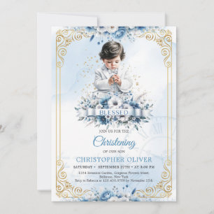 Invitación Pequeño chico lindo con ropa blanca de joyas bende
