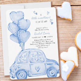 Invitación Pequeño coche azul dulce y Baby Shower globo