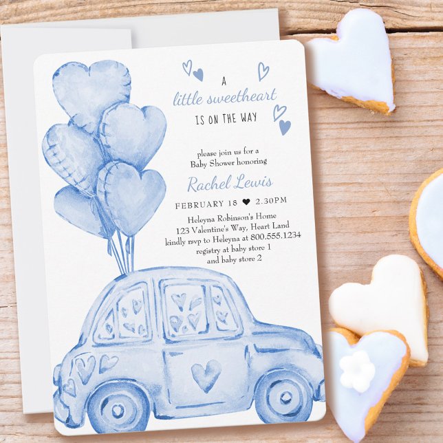 Invitación Pequeño coche azul dulce y Baby Shower globo (Subido por el creador)