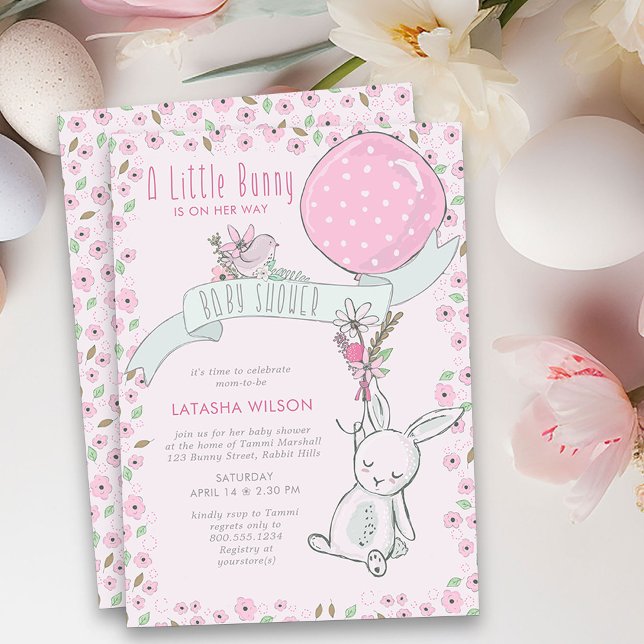 Invitación Pequeño conejito con Chica de globo mate Baby Show (Girl Baby Shower Invitation from my Little Bunny & Balloon Baby Shower collection)