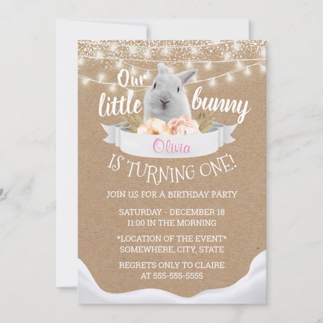 Invitación Pequeño conejito rústico kraft primer cumpleaños (Anverso)