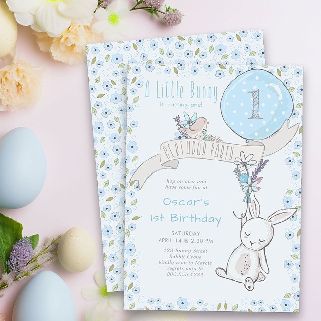 Invitación Pequeño conejito y globo azul Cualquier niño de ed (Little Bunny First Birthay Party Invitation - or edit to suit any age)