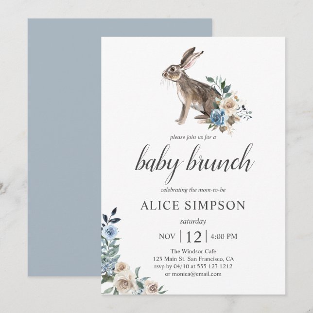 Invitación Pequeño conejo Boho Dust Blue Flowers Baby Shower (Anverso / Reverso)
