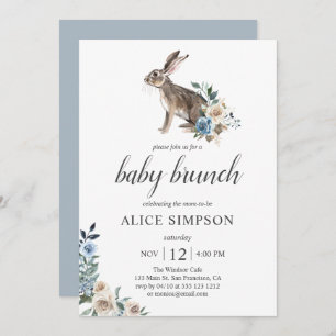 Invitación Pequeño conejo Boho Dust Blue Flowers Baby Shower