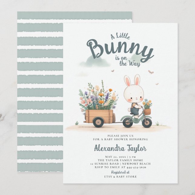 Invitación Pequeño conejo de flores silvestres Wagon Blue Bab (Anverso / Reverso)