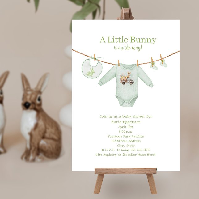 Invitación Pequeño conejo de Pascua Ropa Verde Baby Shower (Subido por el creador)