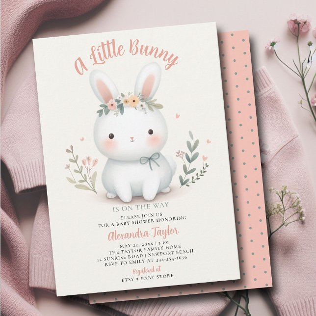 Invitación Pequeño conejo flores silvestres lindo bebé niña d (a little bunny baby girl shower invitation springtime easter garden picnic wildflowers calligraphy)