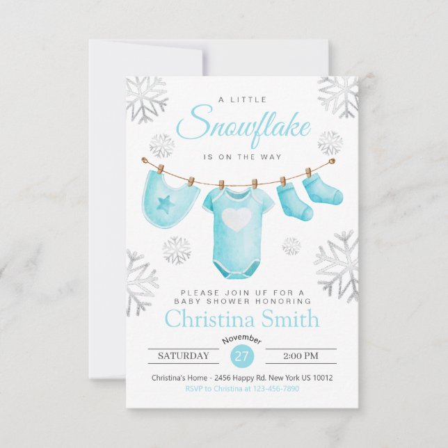 Invitación Pequeño Copo De Nieve En El Camino Del Bebé Azul D (Anverso)