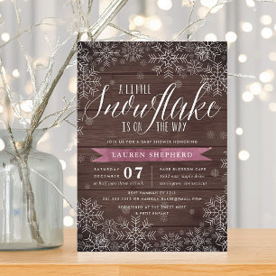 Invitación Pequeño copo de nieve Pluma Rustica de Madera Baby