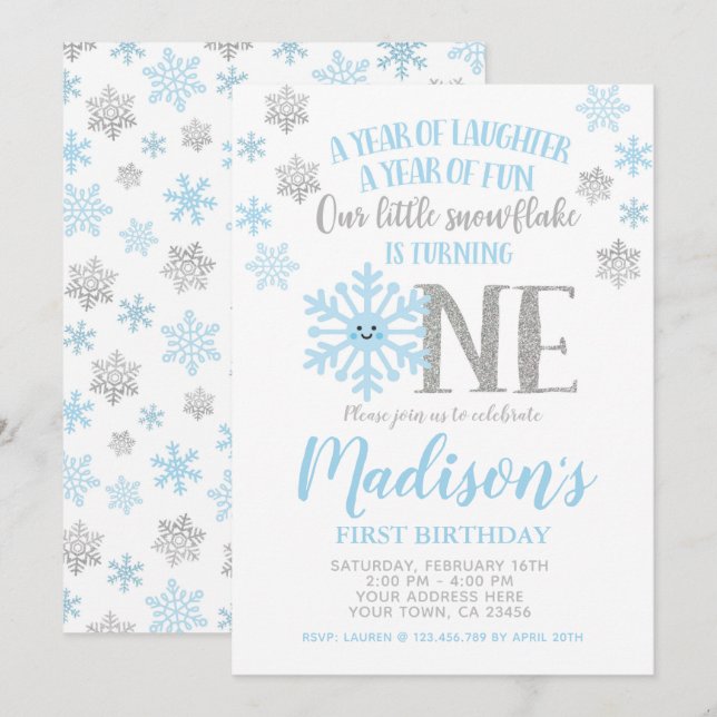 Invitación Pequeño copo de nieve, primer cumpleaños de invier (Anverso / Reverso)