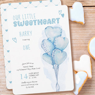Invitación Pequeño corazón azul globos de primer cumpleaños