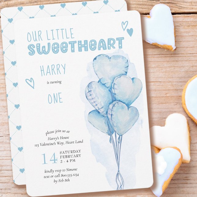 Invitación Pequeño corazón azul globos de primer cumpleaños (Subido por el creador)