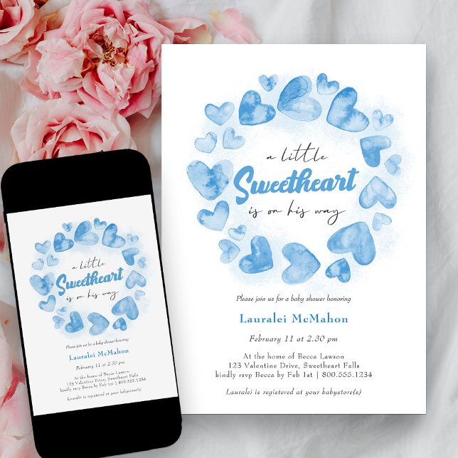 Invitación Pequeño corazón azul Valentino Baby Shower (Little Sweetheart Blue Love Heart Baby Shower Invitation)