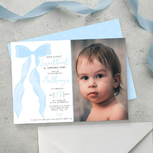 Invitación Pequeño Corazón Elegante Lazo Azul Cumpleaños Foto