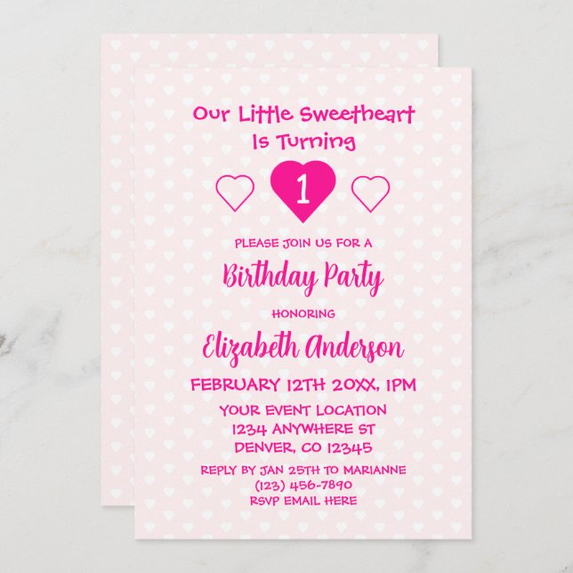 Invitación Pequeño corazón primer cumpleaños (Anverso / Reverso)